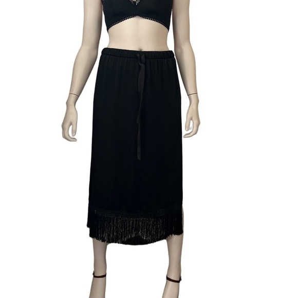 Zara Woman Black Satin Midi Skirt Fringe Tassel Hemline Pockets High Slit Leg - Picture 8 of 15